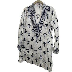 Barbara Gerwit Blue & White ANCHORS heavily beaded eckline tunic dress cover up